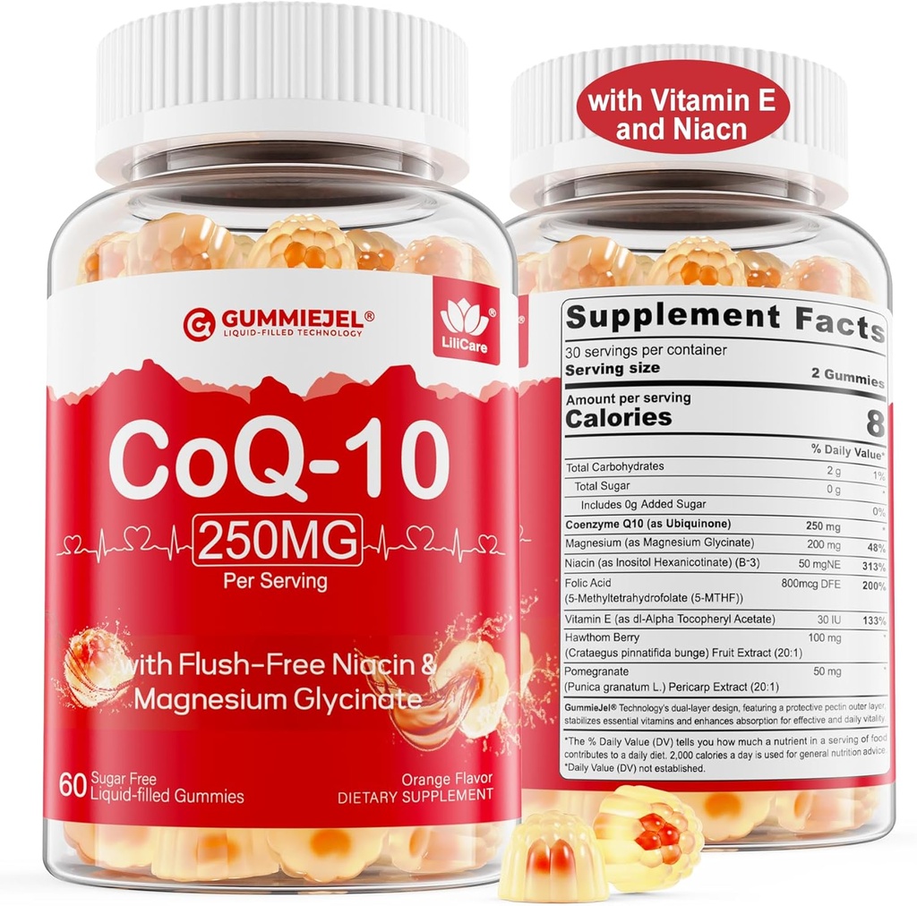2 Pack-无糖CoQ10 填充胶体250MG,Coenzyme Q10 w/Magnesium Glycnate,Niacin No-Flush Vitamin B3,E & Folic酸,高吸收性CQ10 用于耳特,细胞能和抗氧化剂