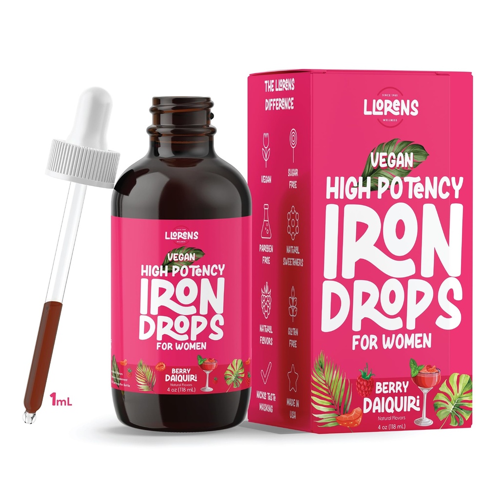 LLORENS PHARMACUTICAL 女性铁滴每日辅助品,20mg 聚沙洲综合体 自由味道,天然甜甜品,维冈和帕拉本自由(Berry Daiquiri, 4 Fl Oz)