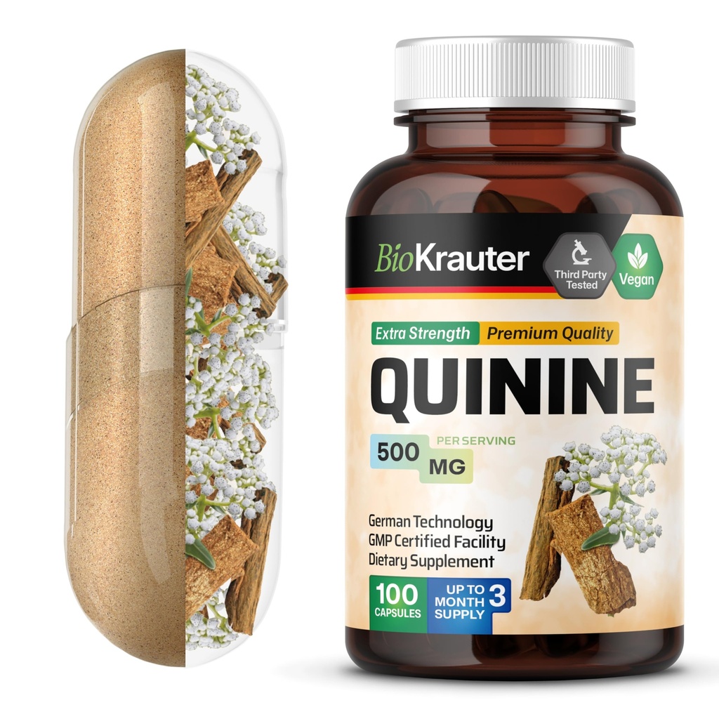 BIO KRAUTER Quinine 用于脚印 Capsules 500 mg - 100 mg - Cinchona Bark Powder - Quinine Capsules - Vegan,无填充器