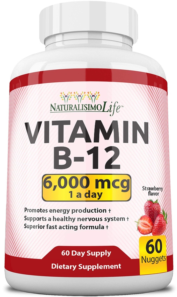 NaturalisimoLife 维生素B12,000 mcg – 快速溶解草莓 Flavor Nuggets – 60 Nuggets, Non-GMO, Vegan, Gluten Free