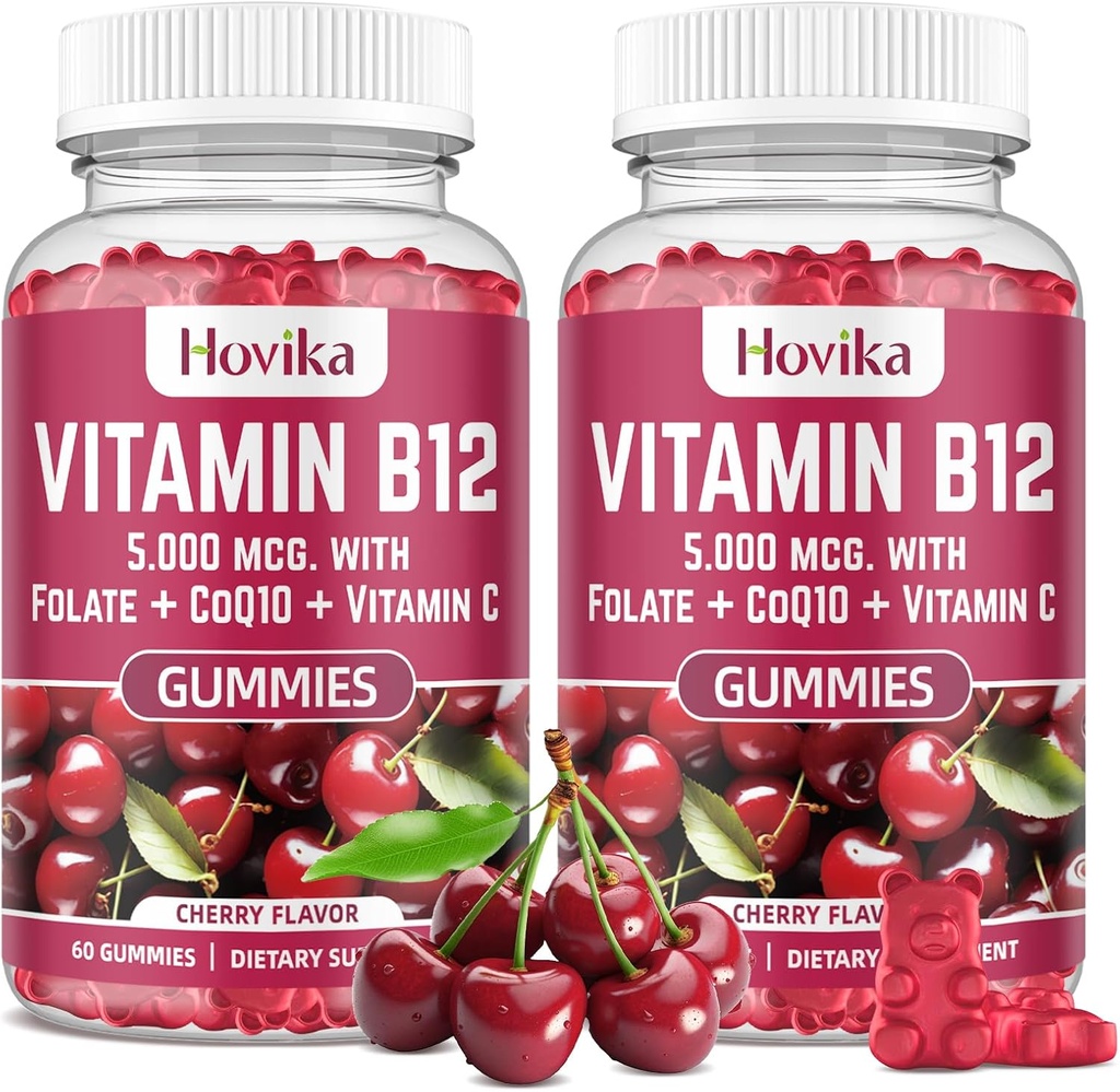 维生素B12 复合物 5000 mcg 甲基 B12, Adenosyl B12 & Hydroxy B12,配有Coenzyme Q10, Folate, Vitamin C, Chewable B 12 能源支持,代谢, Bone 健康 - Cherry Flavor, 2 Pack