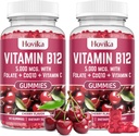 维生素B12 复合物 5000 mcg 甲基 B12, Adenosyl B12 & Hydroxy B12,配有Coenzyme Q10, Folate, Vitamin C, Chewable B 12 能源支持,代谢, Bone 健康 - Cherry Flavor, 2 Pack