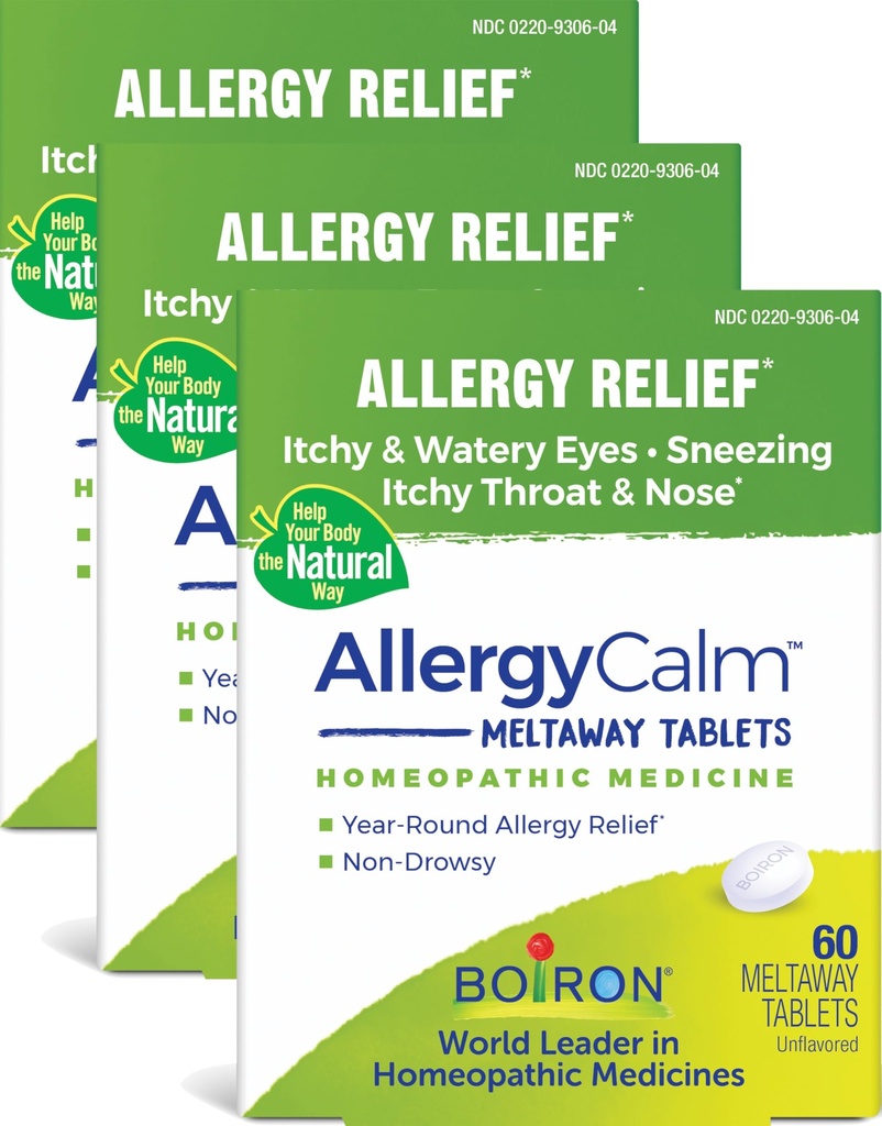Boiron AllergyCalm Tablets 180 Count, Relief from Allergies and Hay Fever Symptoms of Sneezing, Runny Nose, and Itchy Eyes or Throat, (Pack of 3 60ct Boxes)