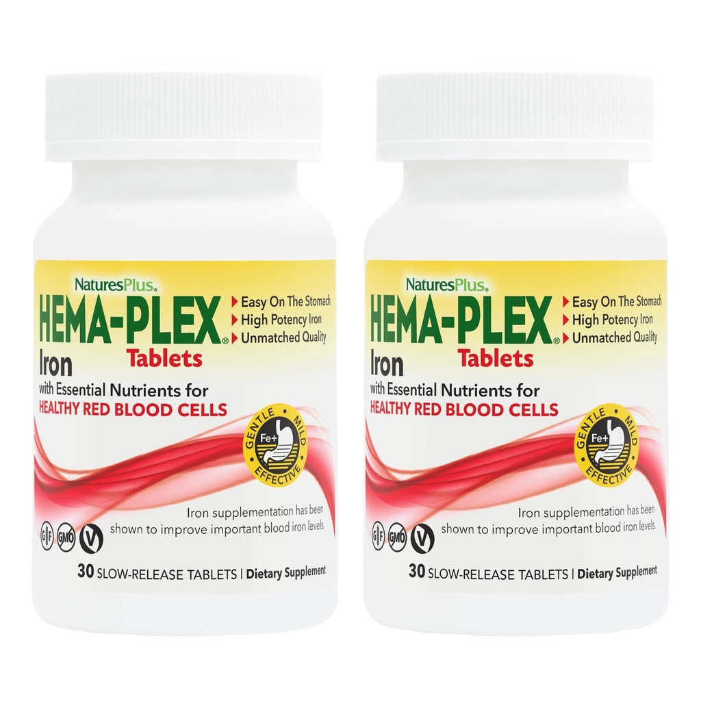 NaturesPlus Hema-Plex铁 - 30 Slow-release platts, pack of 2 - 总血液健康 - 85 mg Chelated铁 - 配有维生素C & Bioflavoids - 非转基因生物,蔬菜和Gluten Free - 60 总服务