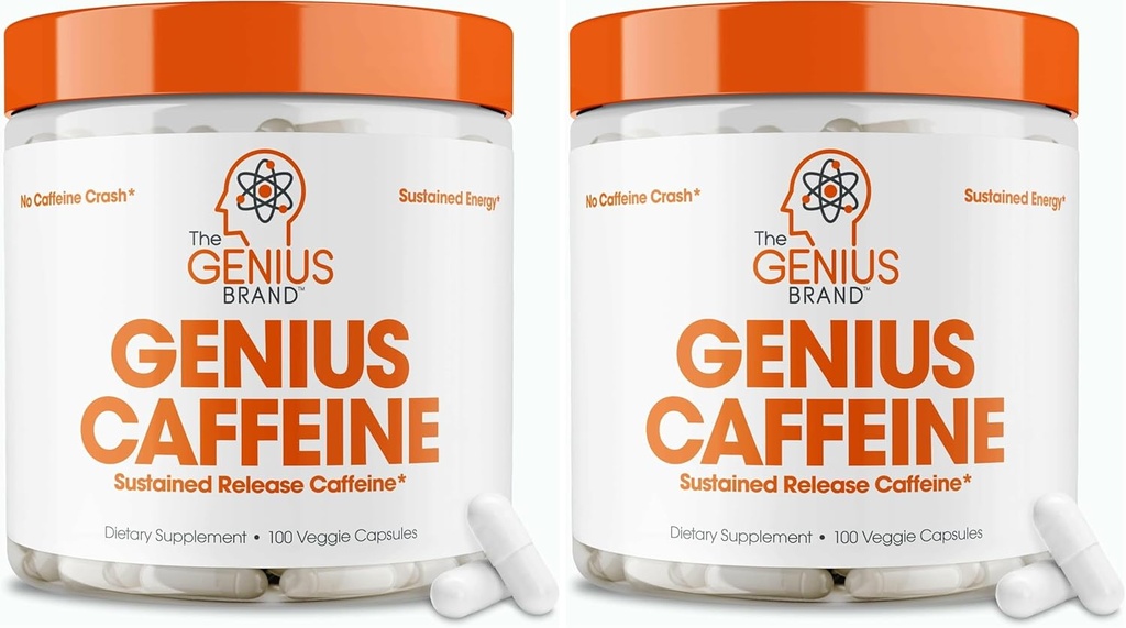 Genius Cafeine Pills 100mg, 扩展-释放微封装咖啡因 Pills - 全自然非崩溃 可持续能源,焦点和浓度补充 - 诺诺氏大脑助推器 - 100 Capsules