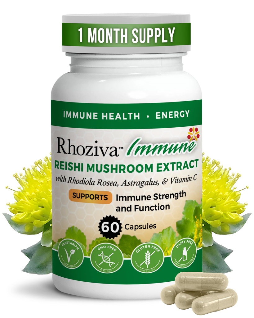 免疫支持、含有维生素C的能源促进剂、D3和锌补充剂、Rhodiola Rosea、Reishi蘑菇提取剂、Astragalus、整体健康与每日脂肪 -- -- 60卡普尔