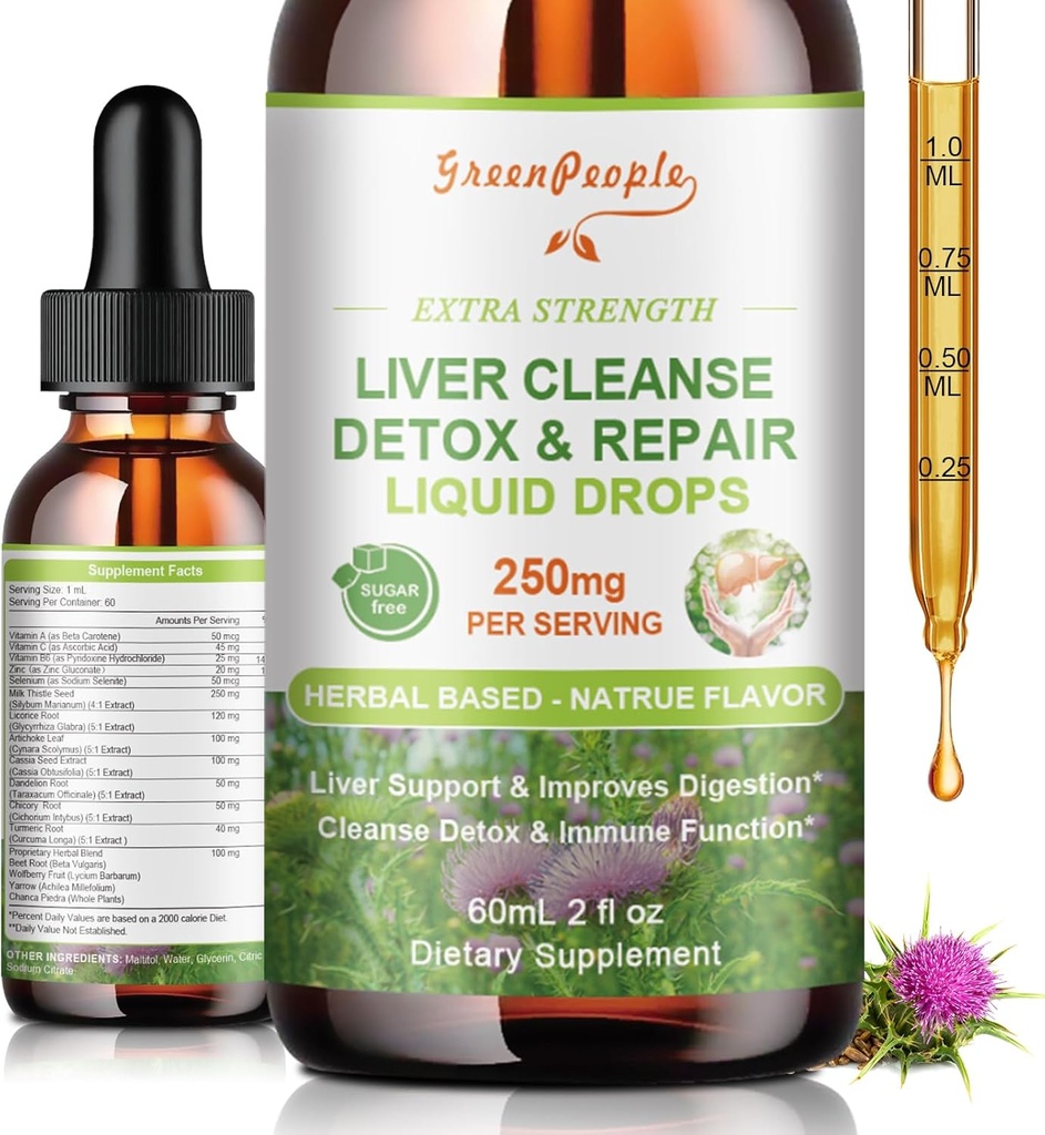 GREENPEOPLE Liver Cleanse Detox & Reference Drops - Liver Supplement w/Milk Thetle Silymarin, Artichoke & Dandelion for Liver Detox & Support - 16x Potentent Herb - Nutrients - 2Fl Oz 天然火焰(英语:2Fl Oz Natural Flavor) - 绿色PELELELELELE LIVLE LIVER 清扫除毒与修复滴水 - 2Fl OZ 天然火焰