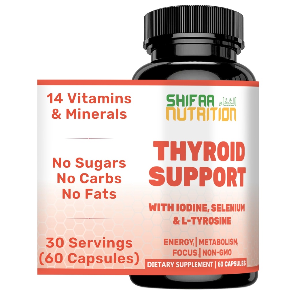 SHIFAA NUTRION Halal Throid 支持 30 services QQ非GMO Relief Support w/B12,碘,硒,L-Tyrosine QQ支持 能量,代谢,焦点,清晰,科尔蒂索尔平衡