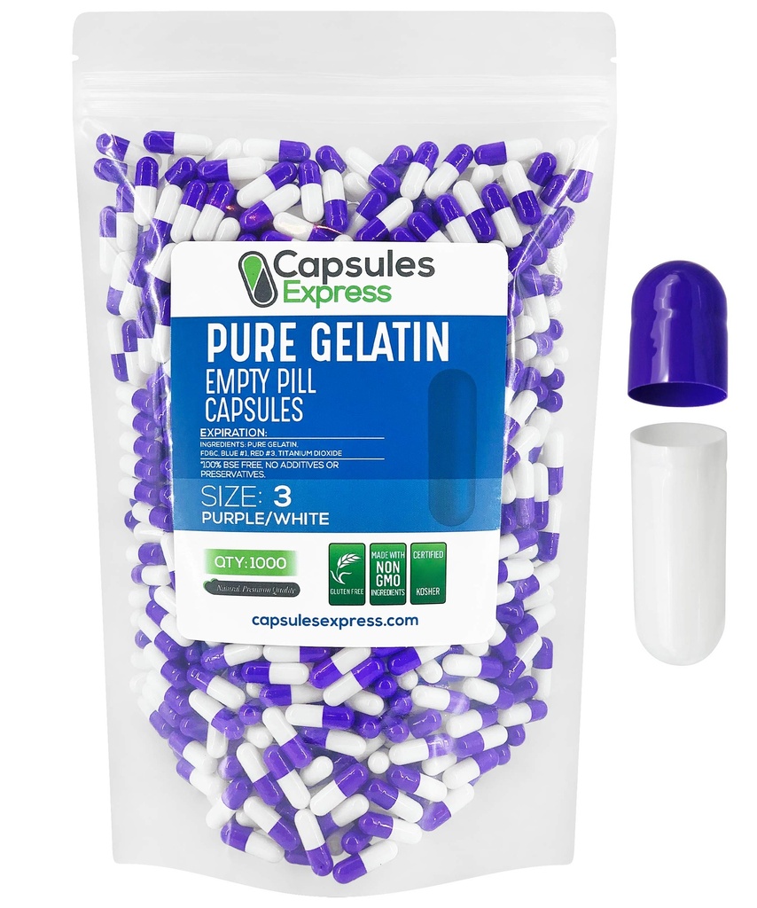 XPRS Nutra Size 3 Empty Capsules - 1000 Count Empty Gelatin Capsules - Pills DIY Capsule Filling - Pure Bovine Pill Gel Caps Fillable for Do-It-Yourself Vitamins and Supplements (Purple/White)