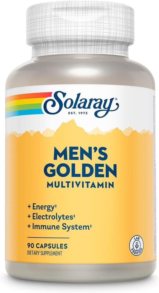 SOLARAY MEN的金色多维明 → 电解,豁免,前列腺,能量 → 维生素 A, C, E, B1, B2, B6, B12, 维生素 D, 钙 → 90ct, 30 Serv.