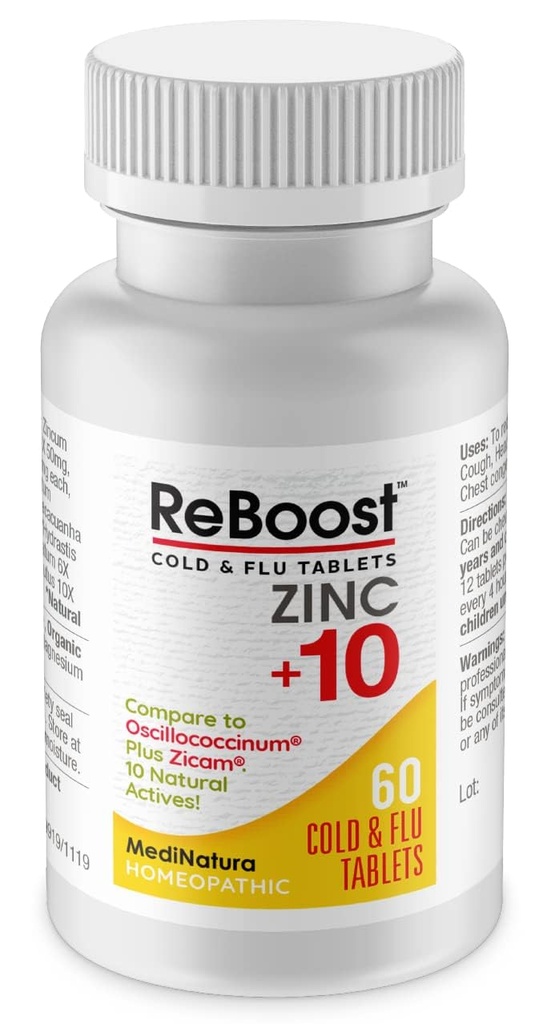 MediNatura ReBoost Zinc + 10 MAX Cold & Flu Symptom Relief Fast-Affairing, 非醉心的自然慰藉 顺势疗法 帮助 relieve 整体身体不适, 咳嗽, Fatigue, 摄入 - 柠檬 - 60 片