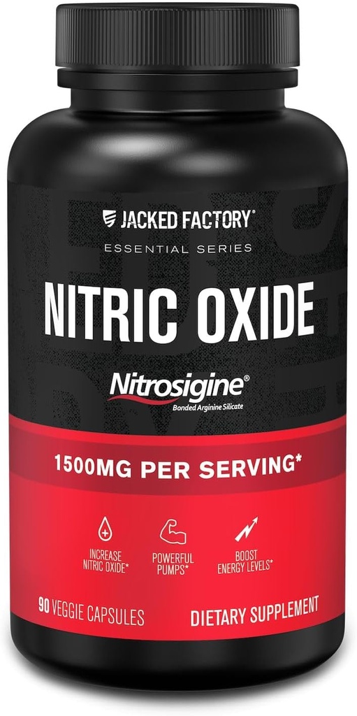 Jacked Factory Essentials Nitric Oxide Booster - Patented Bonded L-Arginine Silicate 1500mg Pre Workout Supplement for Muscle Growth, Pumps, Vascularity and Energy - 90 Veggie Pills