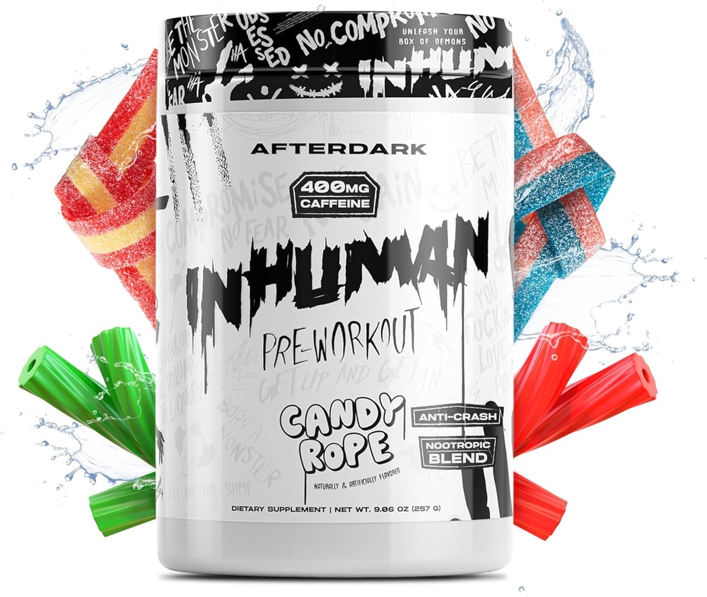 AFTERDARK INHUMAN 工作前粉末,增强心肌连接,持续能源,Potent Nootropic Blend, Vegan, Gluten - Free, Soy - Free, 400mg Cafeine, No Crash,糖果绳