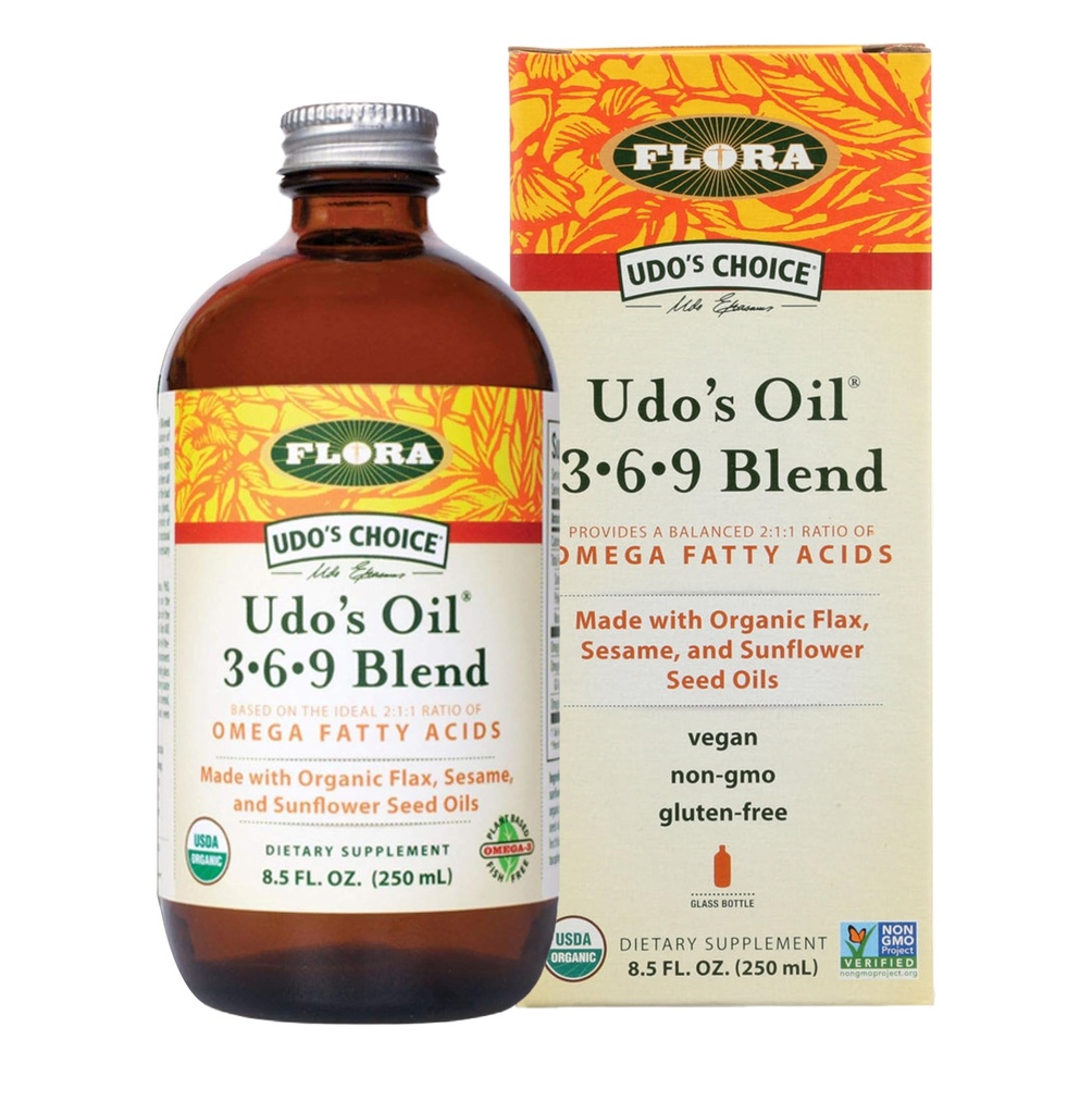 Flora - Udo's Choice Omega 369 Oil Blend,用有机叶片,芝麻和葵花籽油制成,植物基 Vegan Omega Fatty Acids,基于理想2:1比,8.5-fl. oz. 玻璃瓶