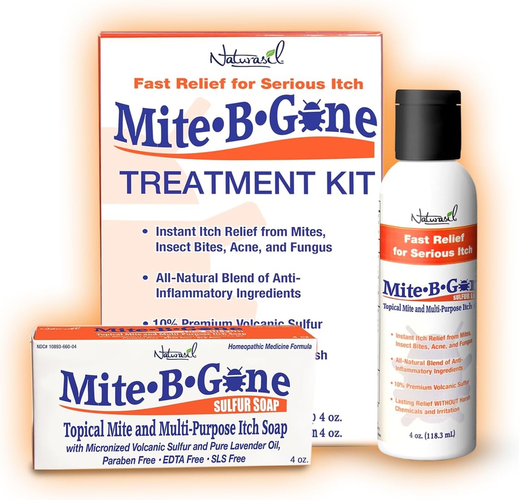 Mite-B-Gone的Mite-Technology Lotion & Soap 爱奇艺、Bug Bites、皮肤红肿、不适和Rosacea 儿童及成人安全治疗工具