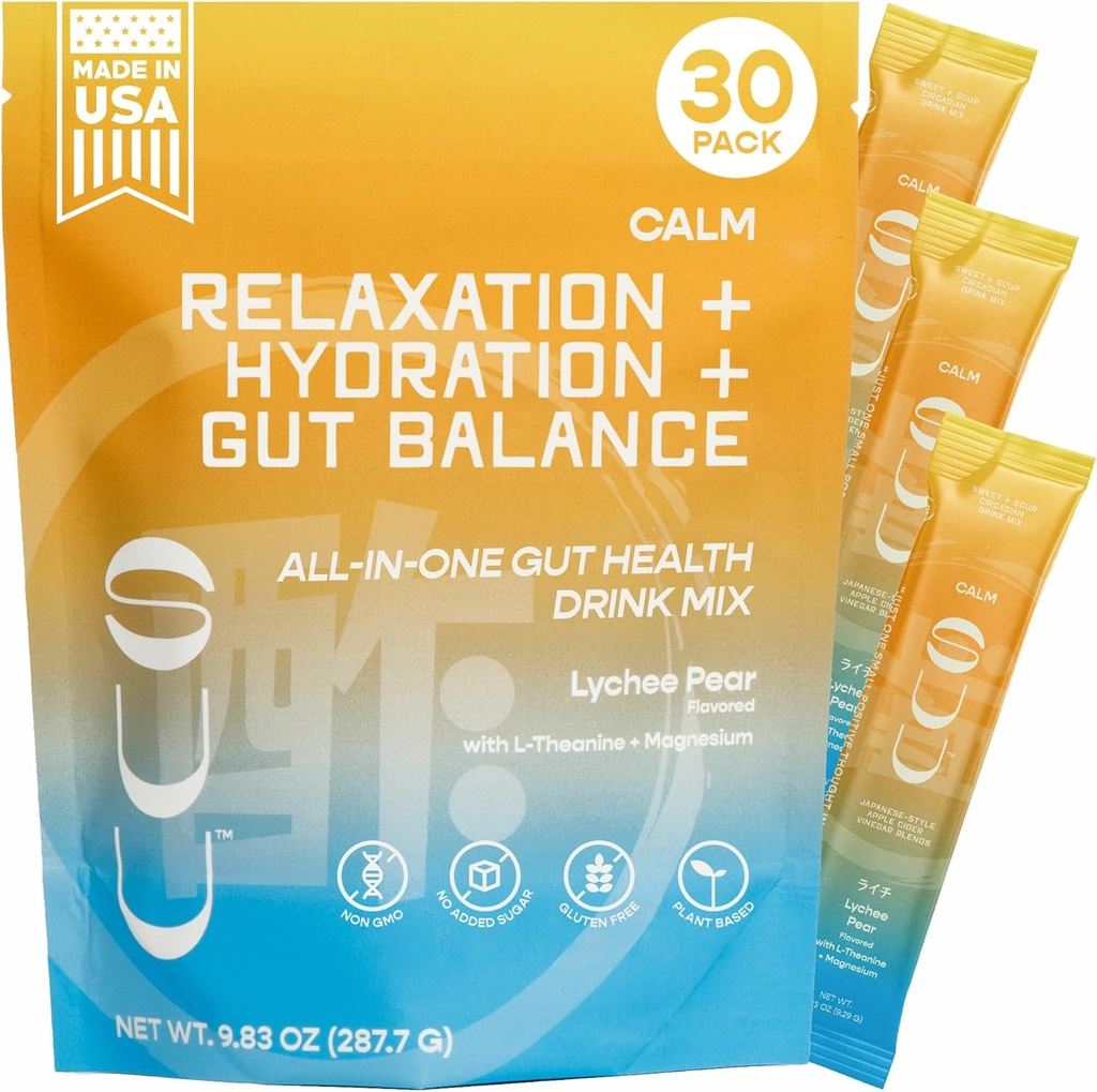 Calm Gut Health 饮料 Mix|Apple Cider Vinegar Prebiotics, Probiotics Got Health for Women & Men|L-Thenine & Magnesium| 消化健康与Mood支持, 放松与水分 Lychee Pear, 30 服务