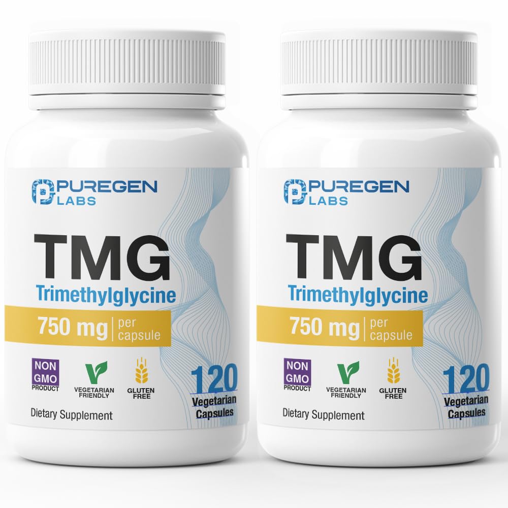 Puregen Labs TMG 750 mg – [高概率] 三甲基甘化物补充剂 – 鼓励健康同位素水平、非GMO、NO Gluten 和乳制品 – 在美国制造 - 2 Pack - 总计 240 蔬菜卡普尔