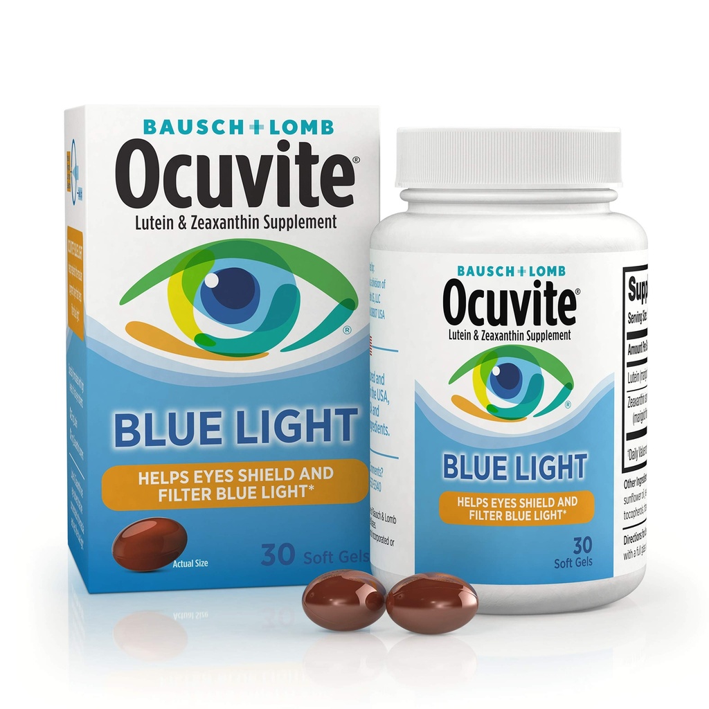 Ocuvite Blue Lutein & Zeaxanthin 补充品,眼片眼维生素,视觉和视觉健康支持,屏幕和阳光曝光软胶,30软胶