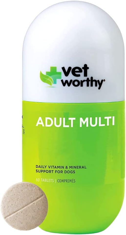 Vet Worthy 成人多维生素 - 多维生素用于养狗,支持最佳健康和整体健康 - 配铁,镁,锌,维生素A,B维生素 - 活体Flavor,60片