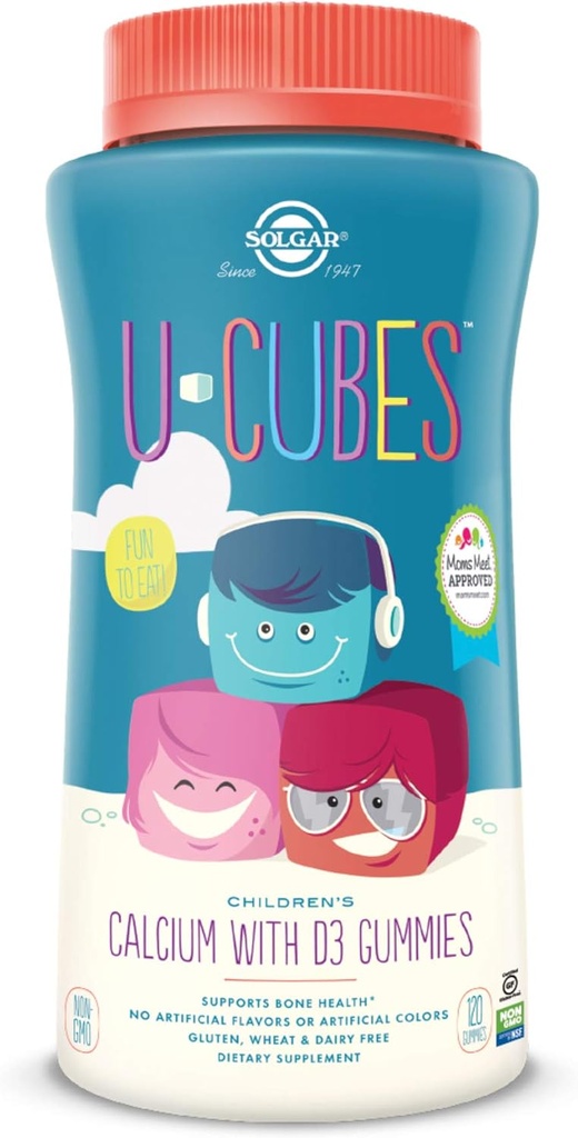 Solgar U-Cubes 儿童钙与维生素D3,120 Gummys - 草莓Flavor - 支持骨和牙齿健康 - 非GMO Gluten Free,乳品免费 - 60 services