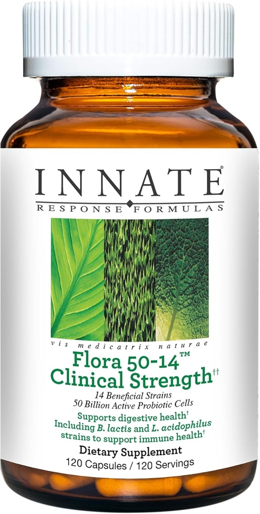 原生反应公式 Flora 50-14 临床强度 -- -- 配有50亿 CPU的抗生素补充剂 -- -- 14 Probiotic Strains -- -- 蔬菜和非GMO -- -- 配有9种食品过敏剂 -- -- 120卡普尔