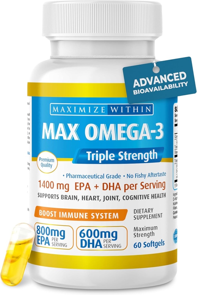 最大Slim Max Omega 3 鱼油药丸 -- -- 三强鱼油补充剂(2000 mg 总Omega 3 脂肪酸:每服600mg DHA + 800 mg EPA)
