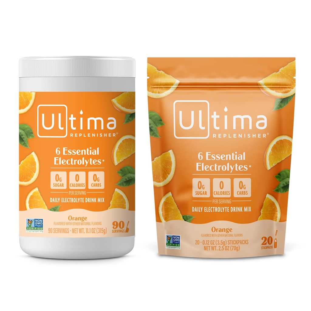 Ultima Electrolyte Powder Drink Mix Bundle – 免糖箱 – 橙色,90个服务罐和20个棒包 – 6个电解质和矿物 – Keto Friendly, Vegan, Non-GMO
