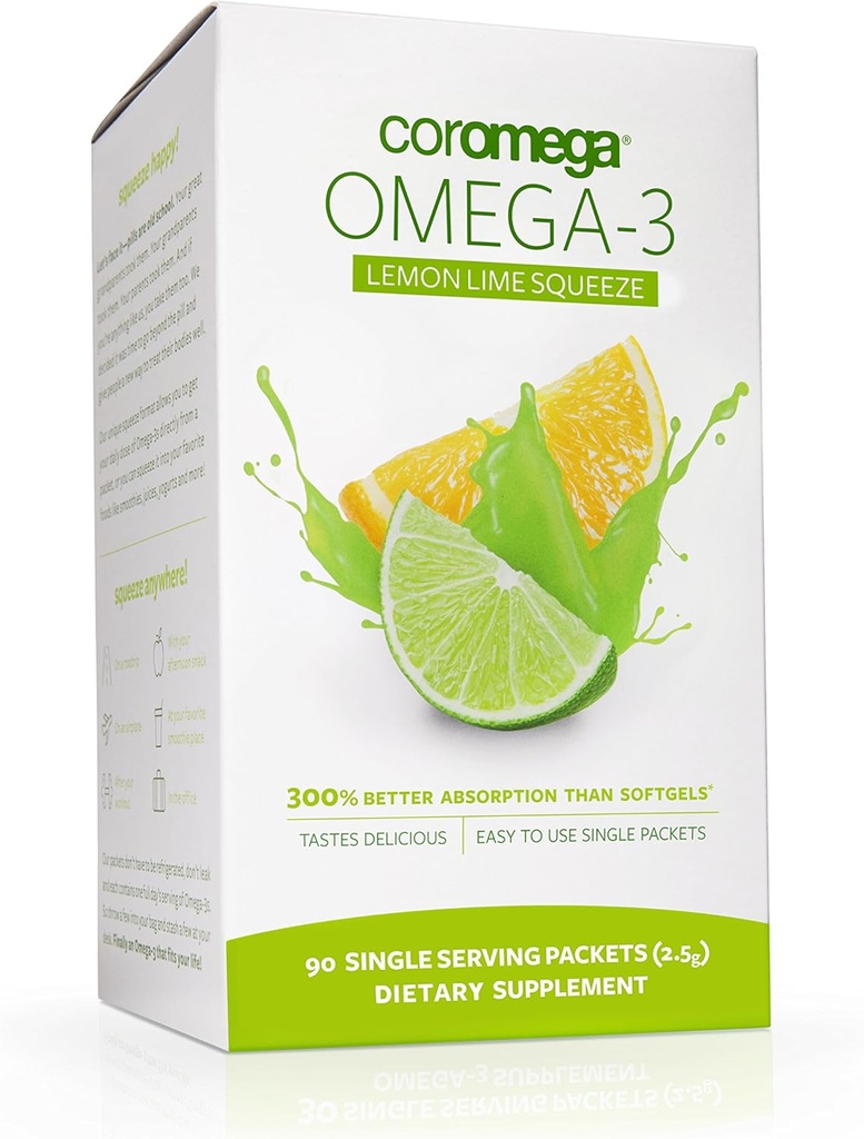 Coromega Omega 3 鱼油补充剂,650毫克Omega-3,配有3X 更好的吸收Than Softgels,柠檬莱姆 Flavor,90 单服务挤压包