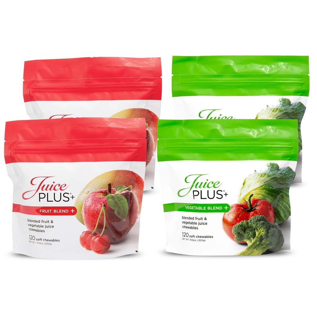 果汁Plus + 水果和蔬菜混合软果汁 - 美味的Vegan水果,成人和儿童的蔬菜Gummy维生素 - 4个月供应4包(每个口味2包)