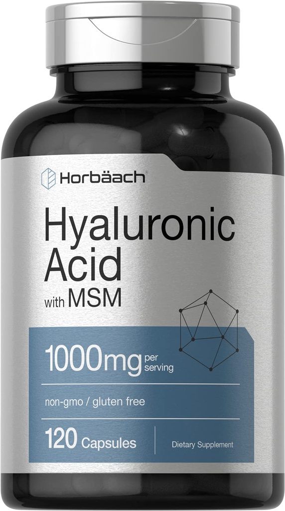 Horbäach Hyaluronic Acid配有MSM 1000 mg + 120 capsules + 非GMO 和 Gluten 免费补充 + 生物可用公式
