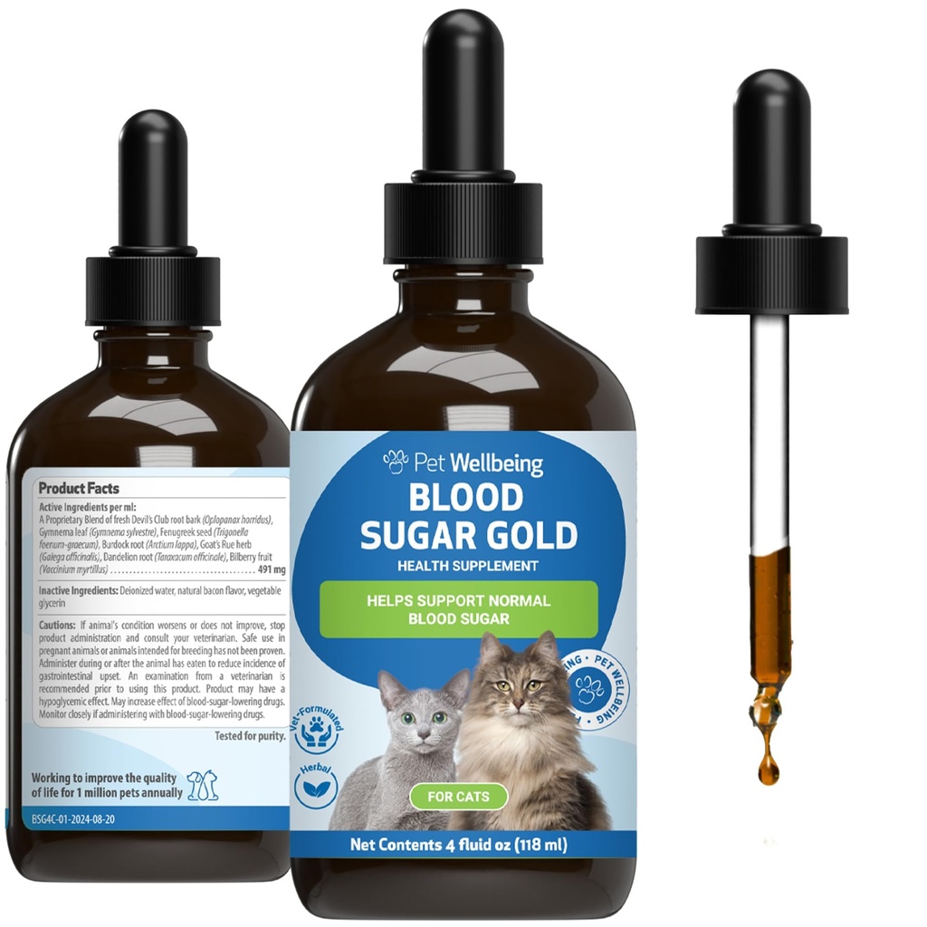 Pet Wellbeing Blood Sugar Gold Cats - Holistic Blood Sugar Support, Pancreas & Liver Health, Gymnema, Fenugreek & Devil’s Club - NASC Certified & Vet-Formulated - 4 oz Liquid
