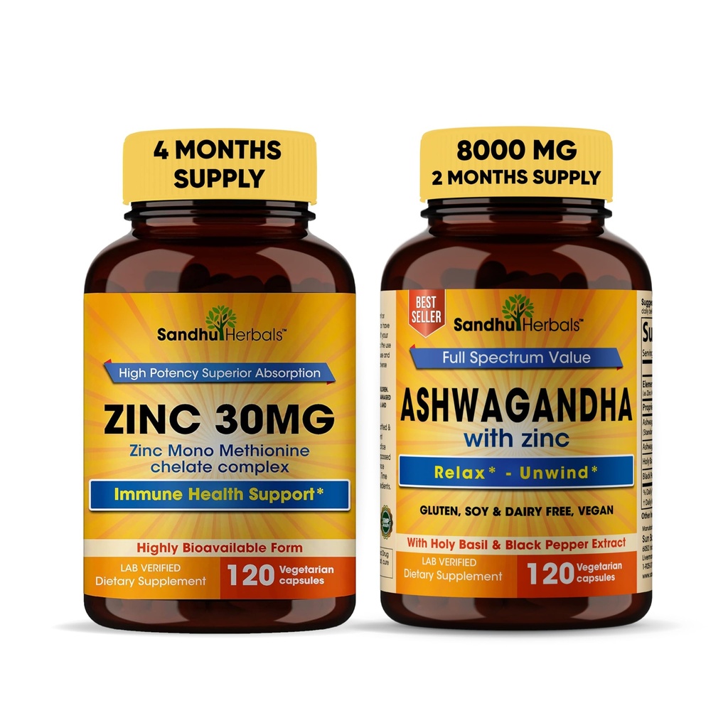 Sandhu Herbals Zinc 30mg 补充品和有机4 配有 Zinc 支持健康皮肤, Immune System → Non-GMO