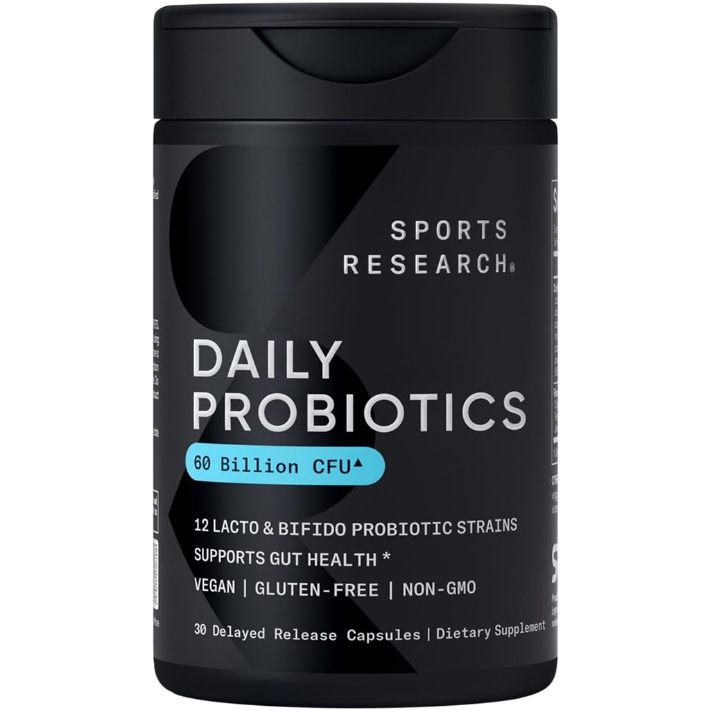 体育研究 每日配有预生素的普生素,60亿CFU - Vegan Capsules for Gut Health and Digestive Support, 女性和男性配有的普生素 - 非GMO验证 & Gluten Free - 30 Counter