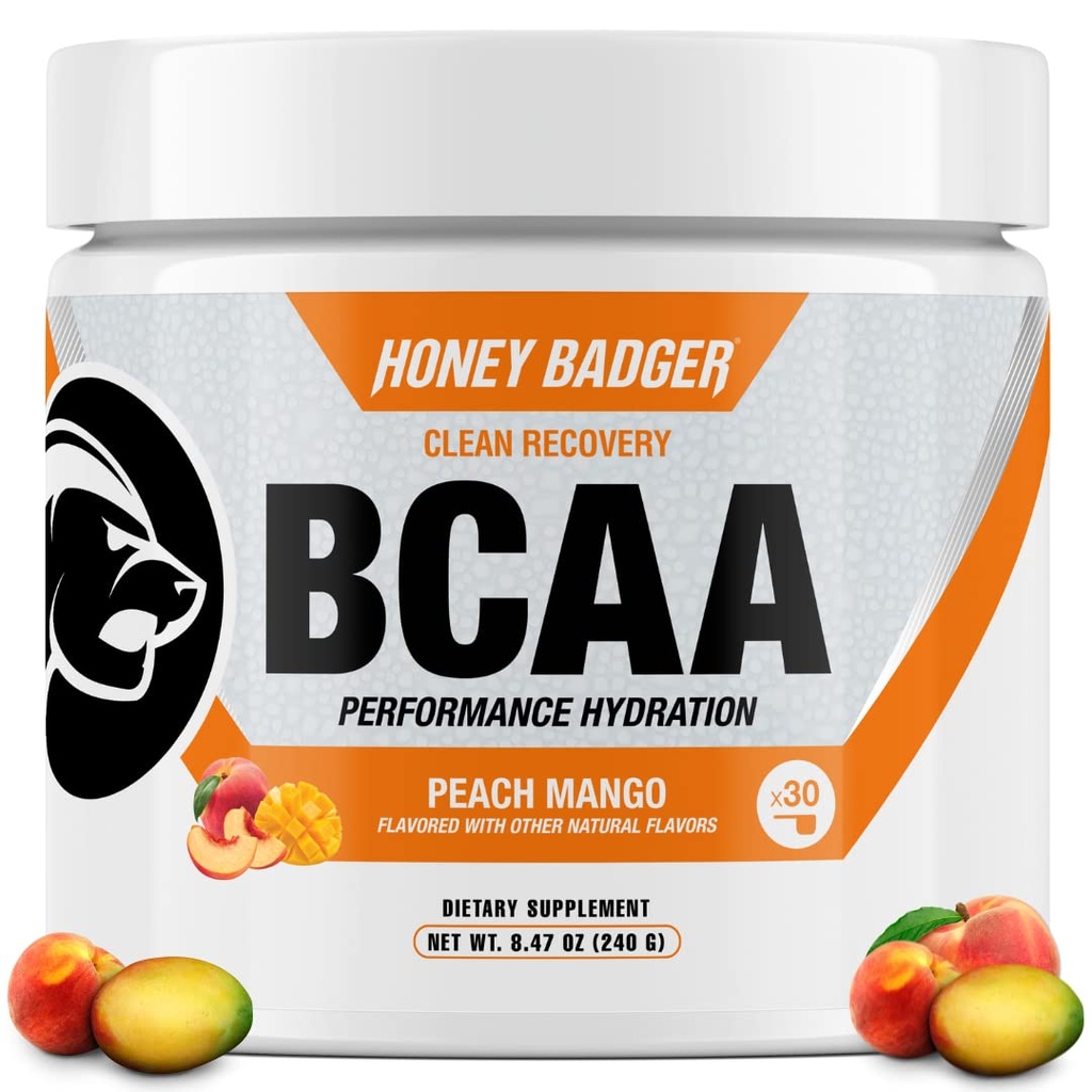 蜂蜜Badger BCAA + EAA 氨基酸粉, BCAAs + L-Glutamine, Keto, Vegan, 男女无糖, 水分和工作后肌肉复苏 饮用混合剂, 桃芒果, 30种