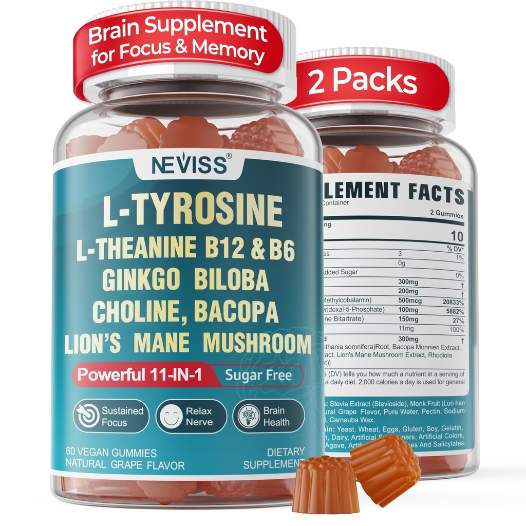 11-IN-1 记忆和聚焦的大脑补充 L-Tyrosine L-Theanine,甲基化B12 & B6,狮子的玛内蘑菇,Ginkgo Biloba, Bacopa Monnieri, Choline for Focus, Nootropic, Energy, 2Packs