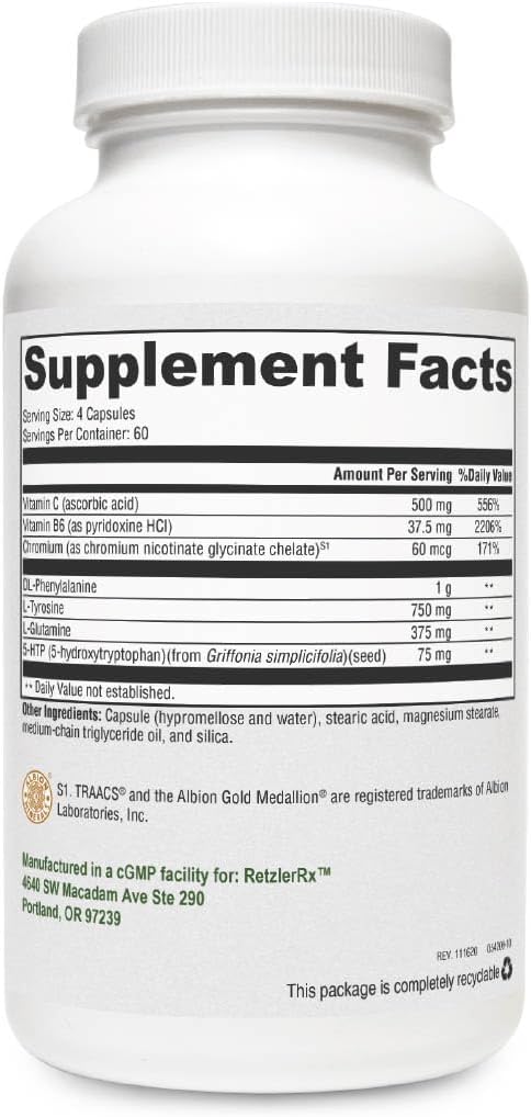 雷兹勒Rx的Crave Control – 支持帮助 Curb Appetite 和 Combit Cravings - Chromium, DL-Phenylaline, L-Glutamine, 维生素 B6 + 5-HTP 用于 Mood & Appetite 支持 (240 Capsules)