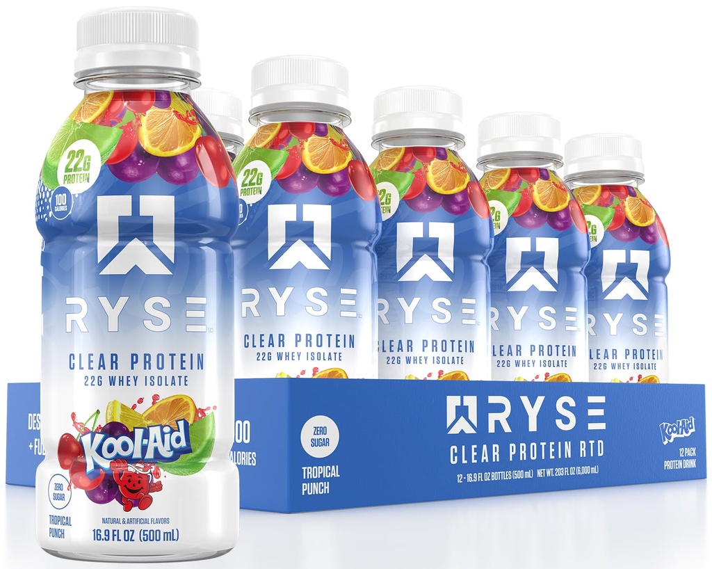 RYSE 清真蛋白饮料 - Kool-Aid Tropical Punch - 100 Calories, 22g Whei 隔离蛋白摇摆,无糖,0g Fat & Lactose-Free - 刷新准备-饮用饮料 - 16.9 fl oz 瓶(12-Pack)