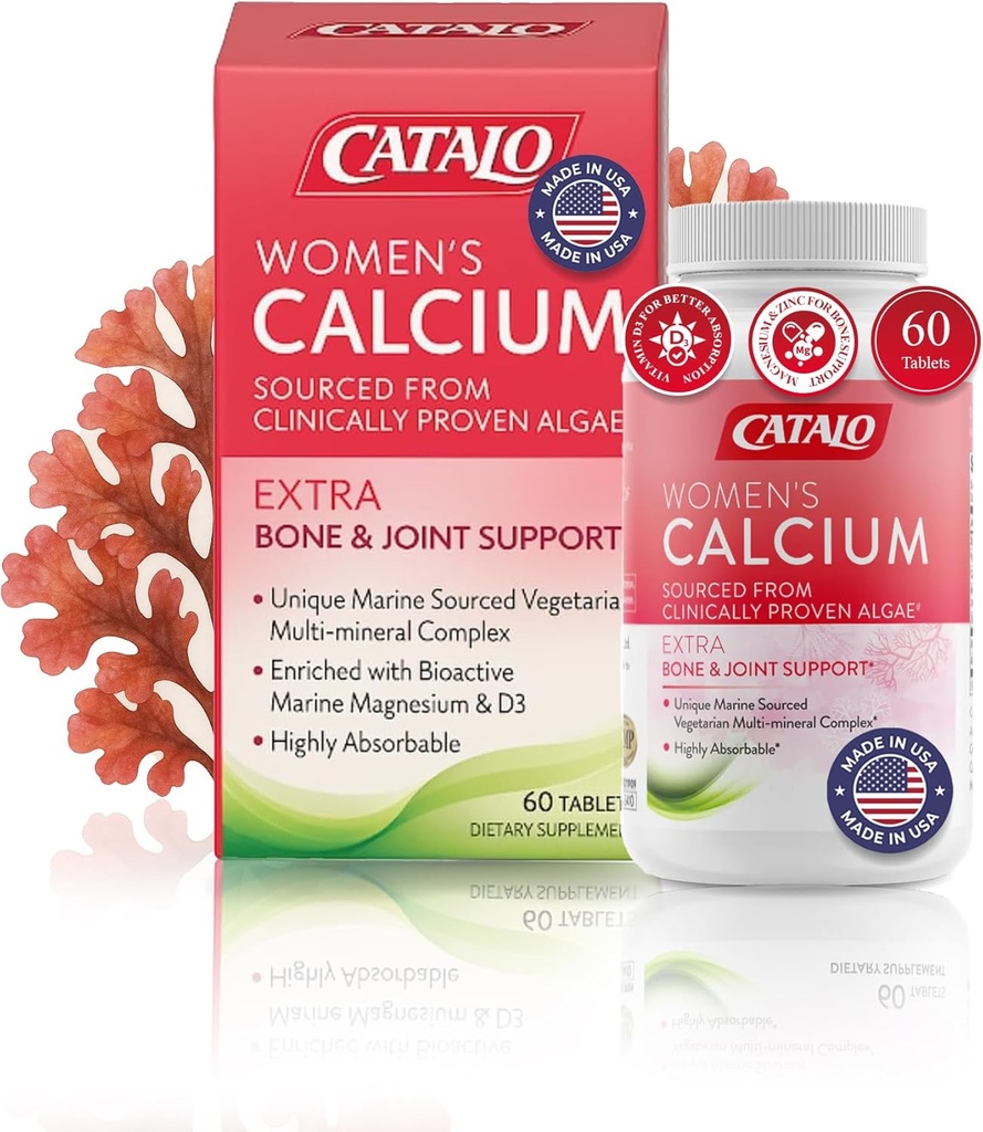 CATALO 妇女钙与AquaminTM红藻-植物基海洋钙补充剂与维生素D3,镁和锌-高吸收公式-60片