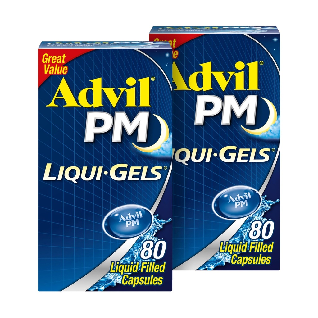 Liqui-Gels疼痛救治和夜间睡眠援助、用Ibuprofen治疗疼痛的治疗和用二酚胺HCL治疗睡眠援助----2x80液体填充盖