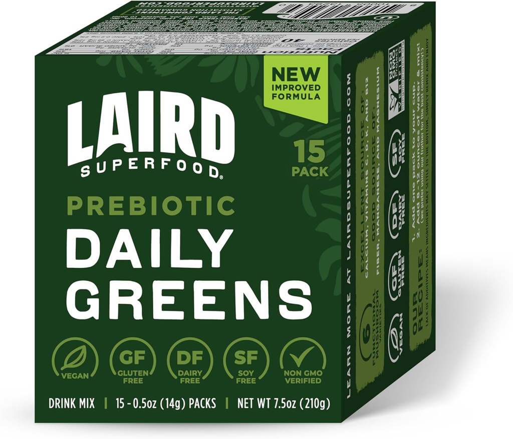 Laird Superfood Daily Greens Powder - Pack of 15 Single Service Sachets - 基本维生素和矿物 - 纤维,适配物和水果,蔬菜 - 支持古特健康 - 非GMO, Vegan