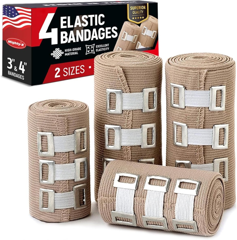 Premium Elastic Bandage 包 - 4pk (2x3in, 2x4in) + 12 extra Clips - 强压 Bandage 包 用于手腕,安克雷斯,脚和膝盖