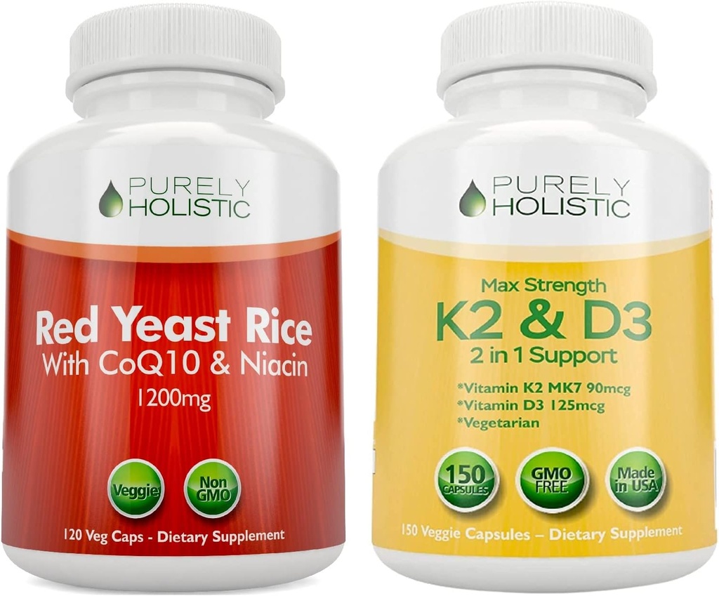 纯全真红酵母大米1200mg 配CoQ10 & Niacin + 维生素 D35,000 IU(125mcg) & K2 MK7 90mcg Bundle - 270 蔬菜卡普苏尔 - 在美国制造