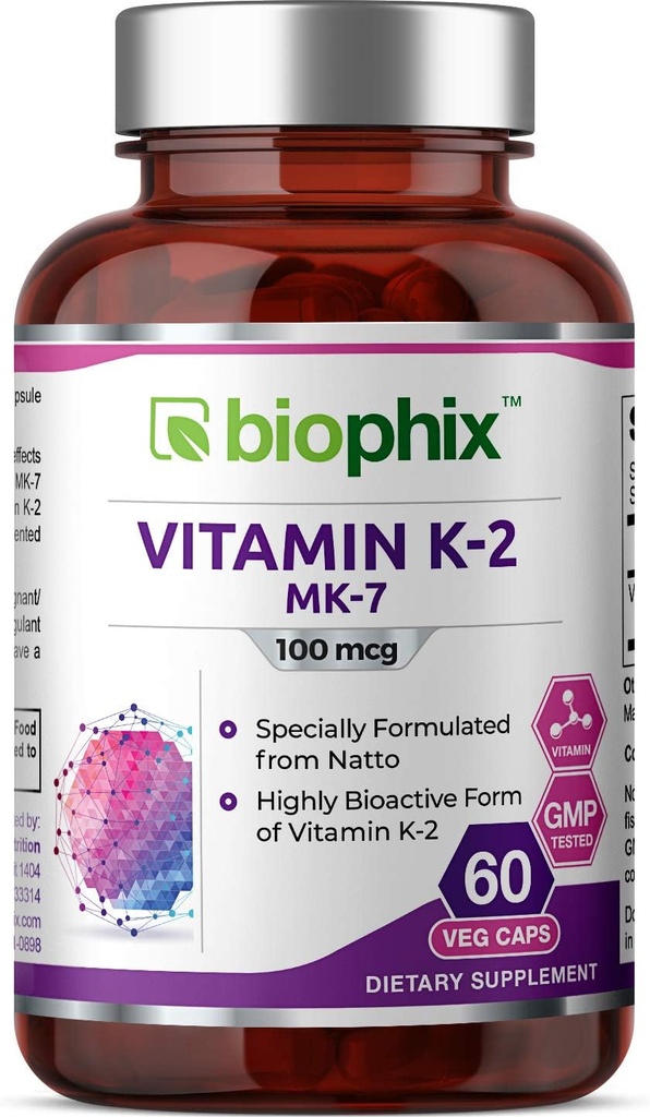 活体维生素K2 MK-7-100 mcg 60 Veg Capsules - 支持强骨质免疫健康