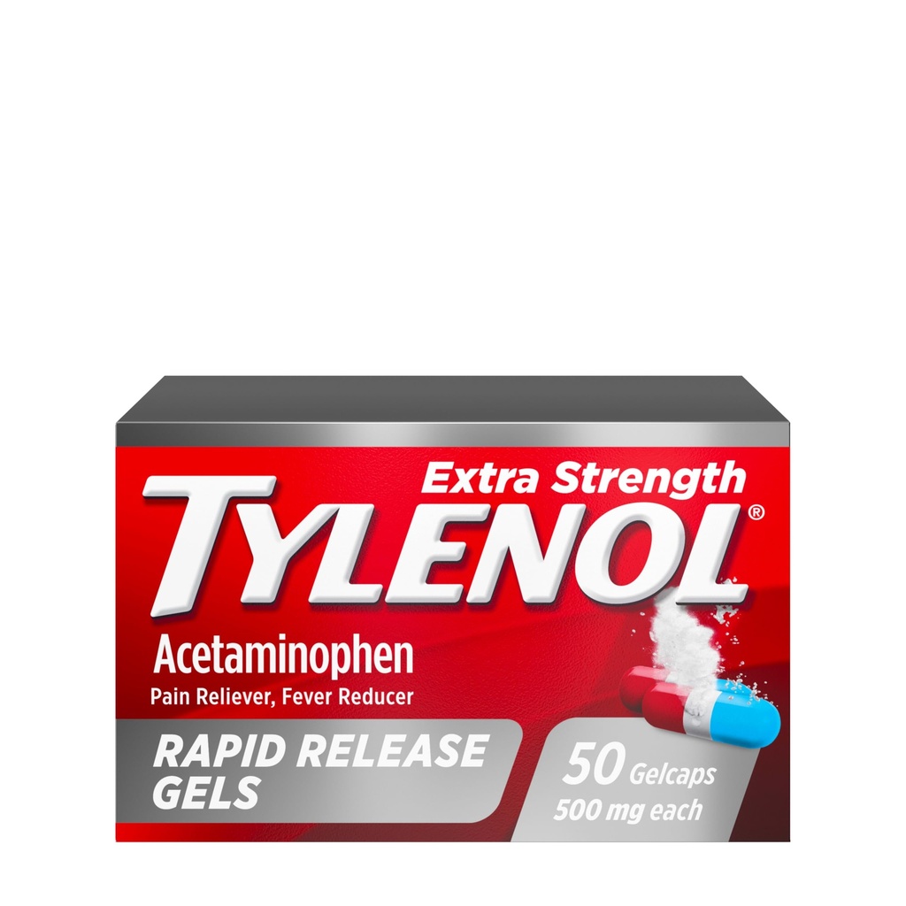 Tylenol Extra strong Acetaminophen 快速释放 Gels, Extra strong 疼痛释放器 & Fever 减震器, Gelcaps 与激光磨损孔, 500 mg Acetaminophen, 50 cm