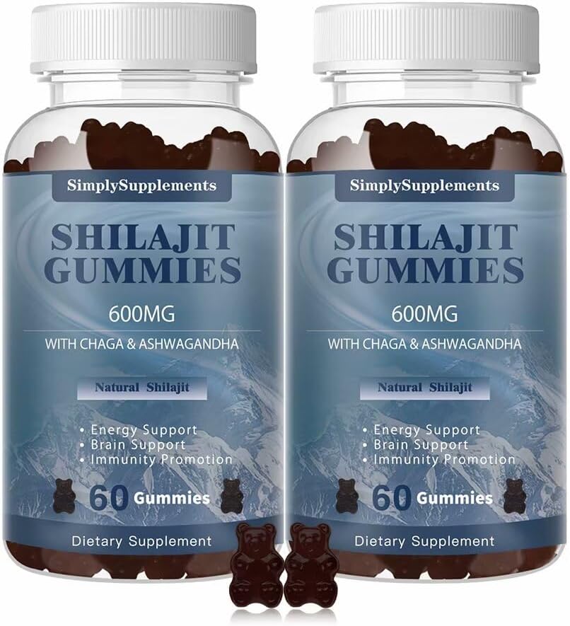 Shilajit Gummys 600mg, Shilajit 配有 Trace Minerals & Fulvic Acid 供能源和豁免支持的 Shilajit Resin 供男女使用, Vegan, 60 Gummys(2包)