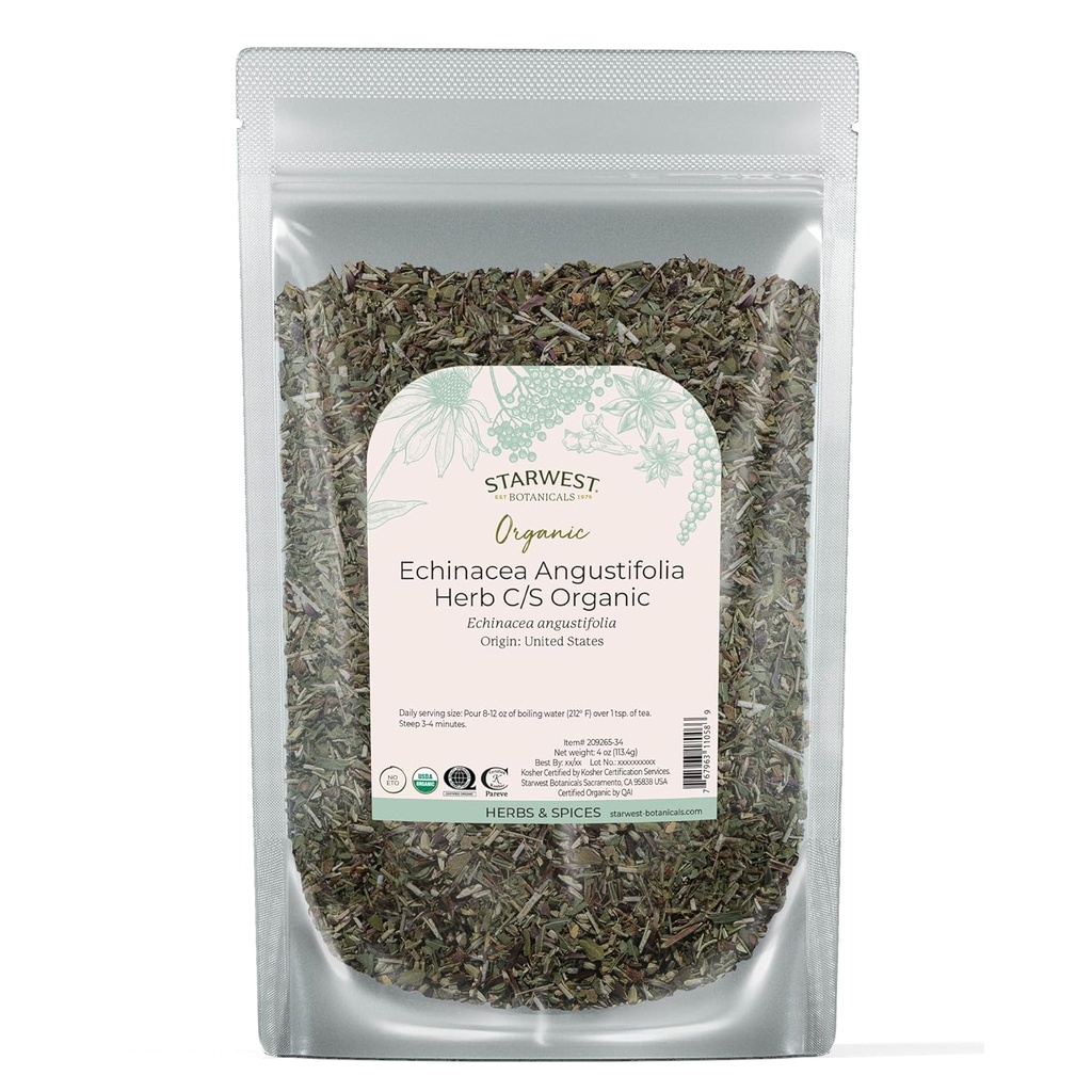 西星植物学 干燥 Echinacea Angustifolia 有机 - 薄叶草原用于茶叶,丁香,和天然草本混合,切片和筛片,认证 Kosher, Non-GMO - 4 oz 邮袋