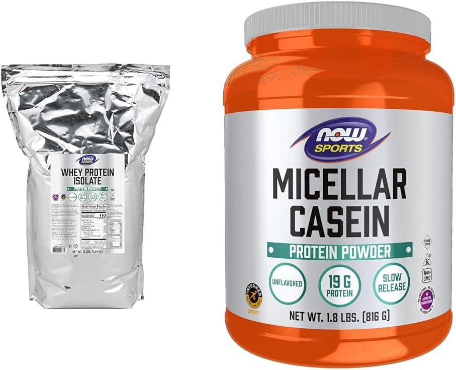 现在运动营养,Whey蛋白隔离,25 g与BCAAs,不味粉,10 Pund & Sports营养,Micellar Casein 19 g,慢释,不味粉,1.8-pound