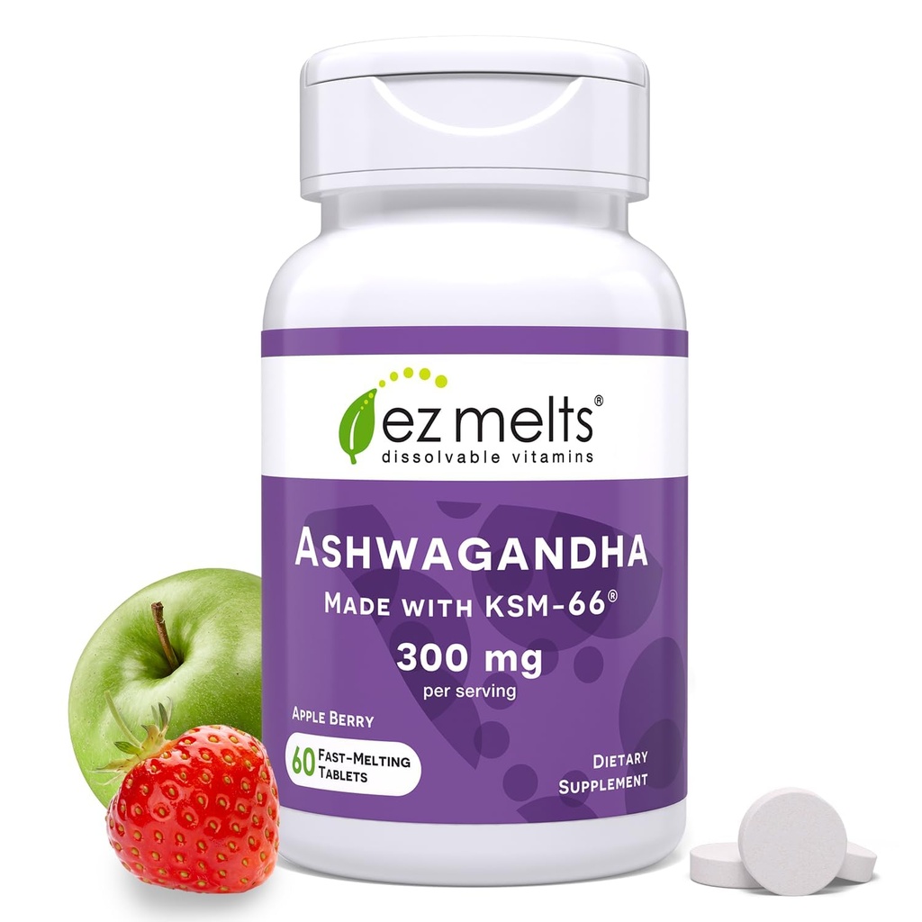 EZ 熔体溶解 KSM-66 Ashwagandha, 300 mg, 无糖, 压力, 睡眠和泥浆支持补充, 30天供应, Apple Berry-Flavor - 1 Pack