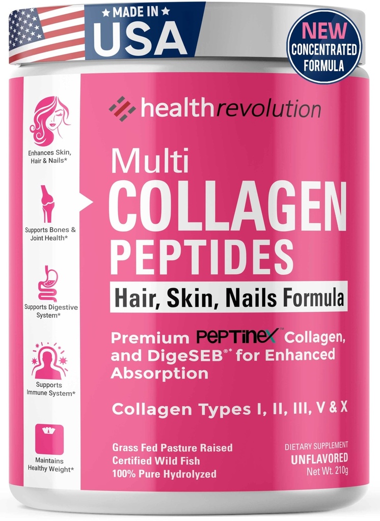 多Collagen蛋白粉,I型、II型、III型、V型、X型 - 5 水解Collagen Peptides、皮肤、毛发、钉子和关节、三联精制易混合、99%吸收率、非GMO、无胶质、无胶质