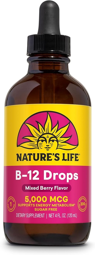 自然生命 B12 滴水量 5000 mcg - 维生素 B12 甲基Cobalamin - 液态B12 能量代谢、Nerve函数和红血球支持天然混合莓,无糖(200 Serv, 4oz)